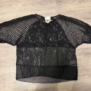 8PM Women’s Sheer and Lace Top with Fishnet Sleeves